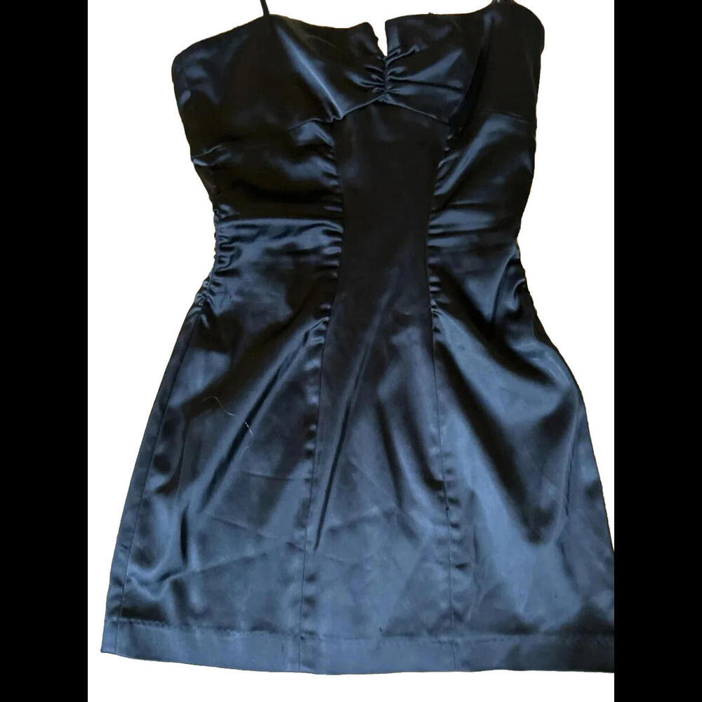👗⚫️Cache Black Satin Strapless Dress Ruched Front Size 8 EUC